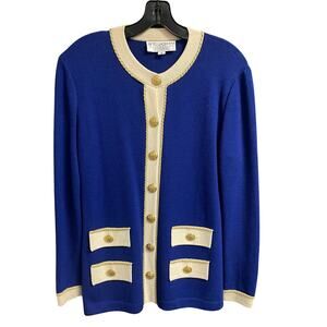 St. John Royal Blue Cream Gold Santana Knit Button Up Cardigan Jacket Size 4